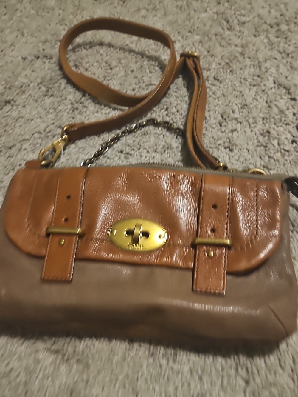 Fossil Two-Tone Brown & Tan Leather Crossbody with Gold Turn-Lock
